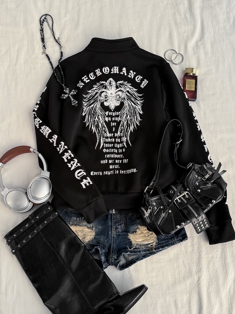 Attitoon Women's Letter Print Long Sleeve Zip-Up Casual Streetwear Goth Sweatshirt Halloween Going Out Black And White Fall - Black - View 7