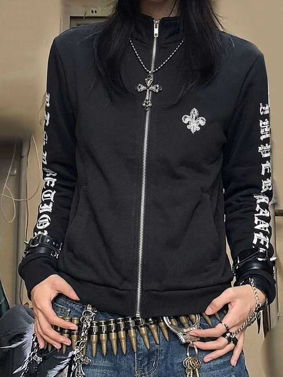 Attitoon 女款字母印花長袖拉鍊休閒街頭風哥德風衛衣,萬聖節外出穿搭,黑白配色,秋季 - 黑色 - 查看 1