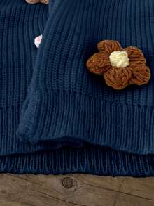 SHEIN 青少年女孩深藍色羅紋V領前開扣長版泡泡袖花朵貼飾針織開襟毛衣 冬季 - 藏蓝色 - 查看 5