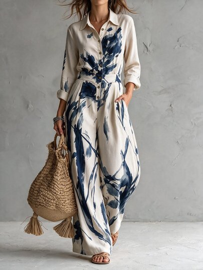 Omancia Women's Cream White Ink Wash Floral Print Jumpsuit, Long Sleeve Shirt Collar Tie Waist Wide Leg, Vacation Style Casual One-Piece