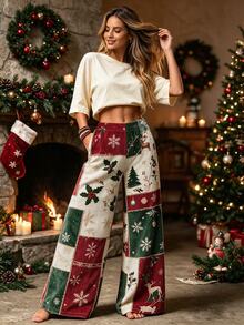 EMERY ROSE CURVE Atmospheric Christmas Patchwork Print Wide Leg Pants, Elastic Waist Loose Slimming Casual Long Pants For Home And Outdoor Wear - Multicolor - View 5