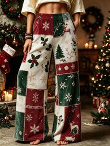 EMERY ROSE CURVE Atmospheric Christmas Patchwork Print Wide Leg Pants, Elastic Waist Loose Slimming Casual Long Pants For Home And Outdoor Wear - Multicolor - View 4