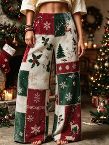 EMERY ROSE CURVE Atmospheric Christmas Patchwork Print Wide Leg Pants, Elastic Waist Loose Slimming Casual Long Pants For Home And Outdoor Wear - Multicolor - View 2