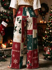 EMERY ROSE CURVE Atmospheric Christmas Patchwork Print Wide Leg Pants, Elastic Waist Loose Slimming Casual Long Pants For Home And Outdoor Wear - Multicolor - View 3