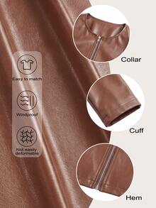 SHEIN PETITE CURVE Plus Size Women's Classic Versatile PU Jacket, Petite Series Fall Winter Cloth For Women Autumn Going Out Formal Brown Casual Baggy - Brown - View 8