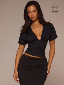 MUSERA ESSENTIALS Black Slinky Plunge Neckline Floaty Sleeve Top Autumn Winter Night Out Halloween Day To Eve - Black - View 1