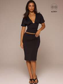 MUSERA ESSENTIALS Black Slinky Low Rise Midi Skirt Autumn Winter Night Out Halloween Day To Eve - Black - View 1