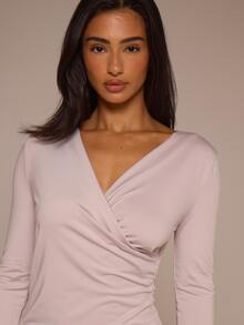 MUSERA Grey V-Neck Ruched 3/4 Sleeve Dress Autumn Winter Night Out Day To Eve - Light Grey - View 5