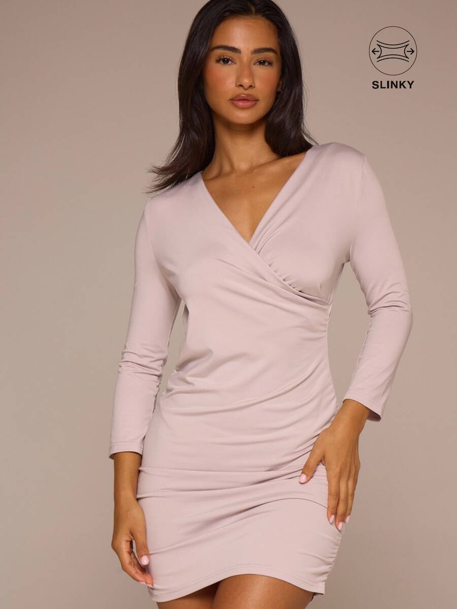 MUSERA Grey V-Neck Ruched 3/4 Sleeve Dress Autumn Winter Night Out Day To Eve - Light Grey - View 1