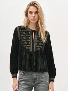 Maija Women's Elegant Embroidered Tie-Front Long Sleeve Blouse For Evening Party - Black - View 5