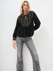 Maija Women's Elegant Embroidered Tie-Front Long Sleeve Blouse For Evening Party - Black - View 2