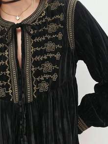 Maija Women's Elegant Embroidered Tie-Front Long Sleeve Blouse For Evening Party - Black - View 4