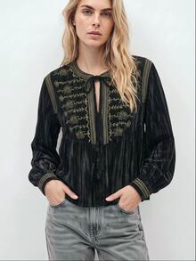 Maija Women's Elegant Embroidered Tie-Front Long Sleeve Blouse For Evening Party - Black - View 1
