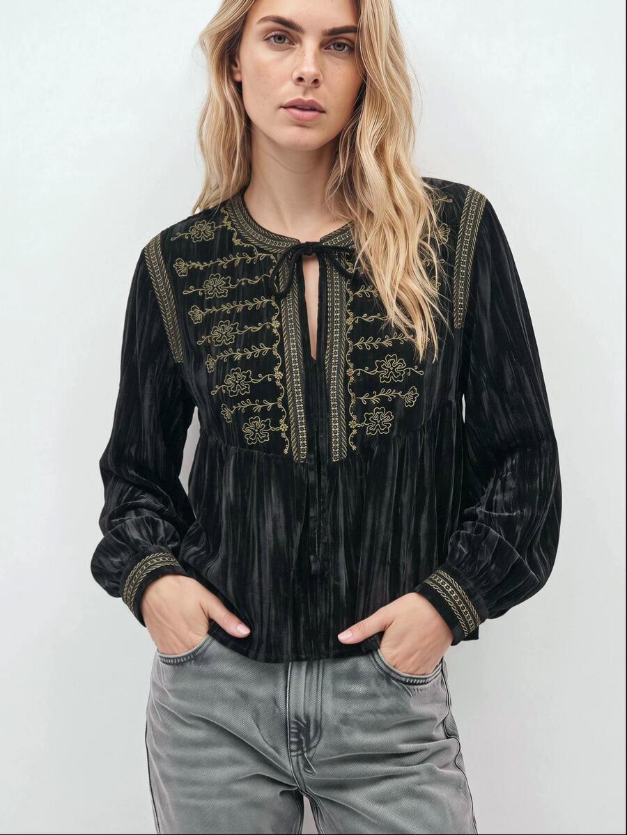 Maija Women's Elegant Embroidered Tie-Front Long Sleeve Blouse For Evening Party - Black - View 1