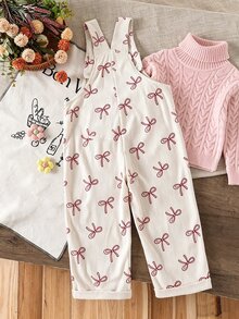 SHEIN Young Girls 1pc Apricot Floral Corduroy Round Neck Sleeveless Long Fitted Overalls Jumpsuit With Buttons, Cute Fall - Apricot - View 2