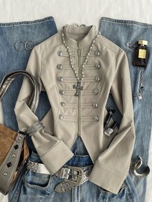 Attitoon Women's Double-Breasted Zipper Casual Versatile Long Sleeve Jacket - Khaki - View 7