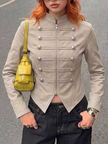 Attitoon Women's Double-Breasted Zipper Casual Versatile Long Sleeve Jacket - Khaki - View 2