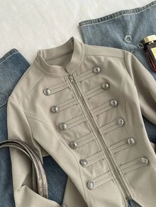 Attitoon Women's Double-Breasted Zipper Casual Versatile Long Sleeve Jacket - Khaki - View 9
