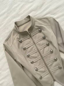 Attitoon Women's Double-Breasted Zipper Casual Versatile Long Sleeve Jacket - Khaki - View 5