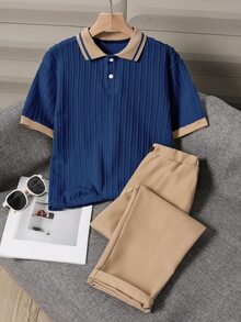 SHEIN 青少年男孩黑色短袖 Polo 衫長褲紳士套裝，Y2K 可愛寬鬆優雅夏季穿搭，適合生日派對、六年級、電音派對、婚禮、畢業典禮 - 藏蓝色 - 查看 4