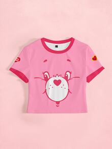 SHEIN X Care Bears Women's Cartoon Print Colorblock Casual Everyday Short Sleeve T-Shirt - White - View 5