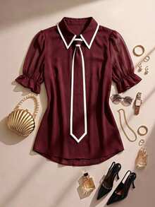 Formidée Plus Size Women's Bowtie Design Short Sleeve Elegant A Line Blouse Fall Formal Confirmation - Burgundy - View 1
