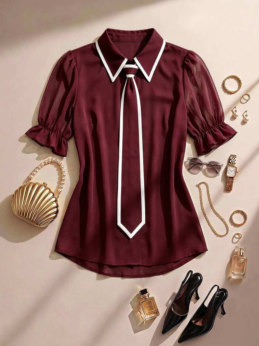 Formidée Plus Size Women's Bowtie Design Short Sleeve Elegant A Line Blouse Fall Formal Confirmation - Burgundy - View 1