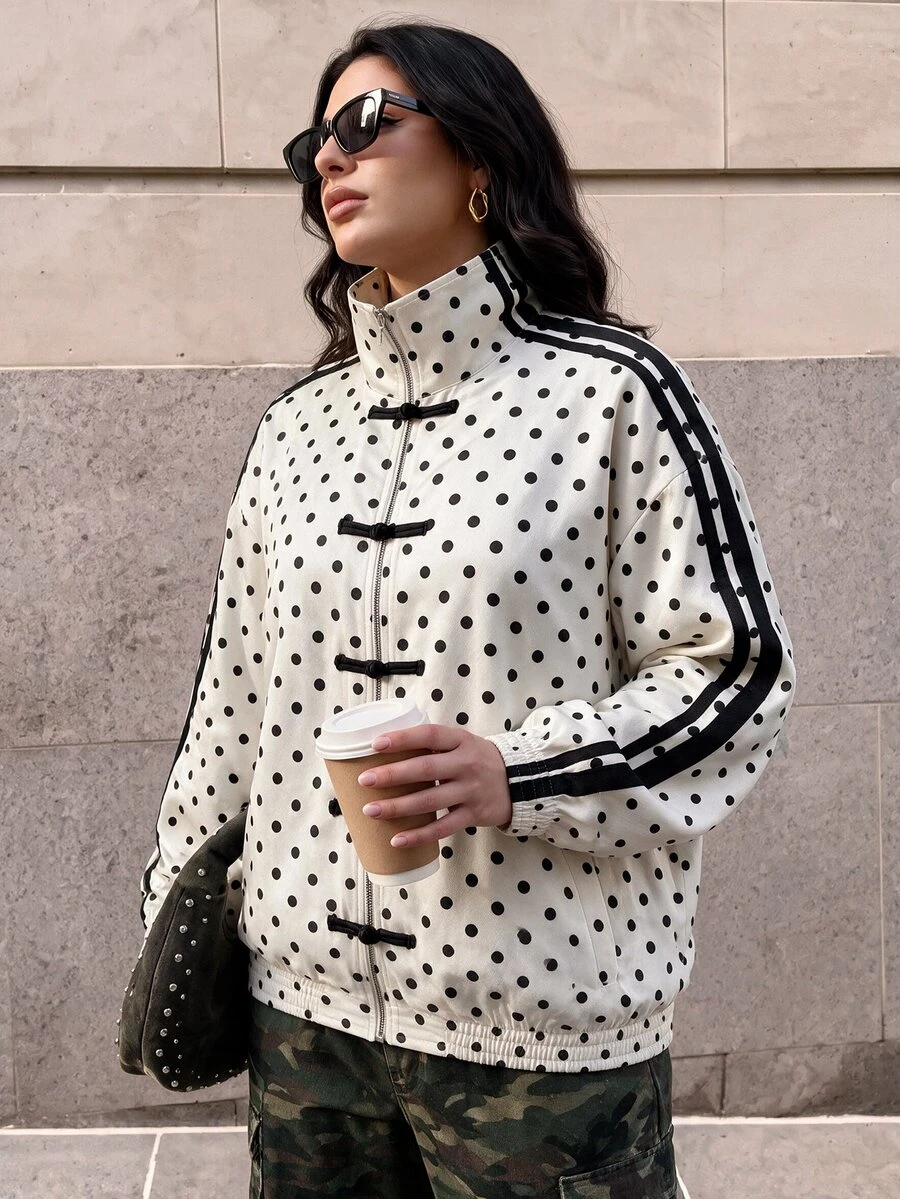 SHEIN BAE CURVE Plus Size Women's Polka Dot Frog Button Front Short Jacket,Women Polka Dot Zip Up Bomber Jacket With Chinese Frog Buttons Fall - Multicolor - View 1
