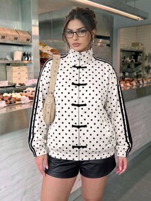 SHEIN BAE CURVE Plus Size Women's Polka Dot Frog Button Front Short Jacket,Women Polka Dot Zip Up Bomber Jacket With Chinese Frog Buttons Fall - Multicolor - View 3