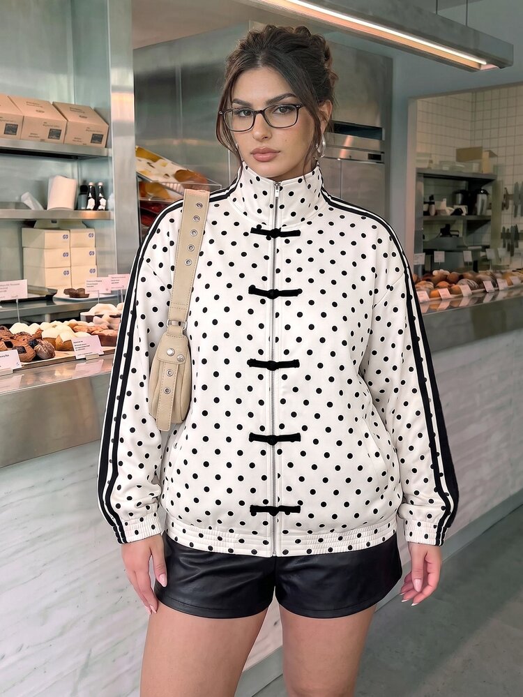 SHEIN BAE CURVE Plus Size Women's Polka Dot Frog Button Front Short Jacket,Women Polka Dot Zip Up Bomber Jacket With Chinese Frog Buttons Fall - Multicolor - View 3