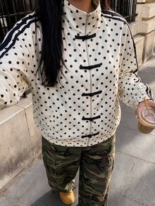 SHEIN BAE CURVE Plus Size Women's Polka Dot Frog Button Front Short Jacket,Women Polka Dot Zip Up Bomber Jacket With Chinese Frog Buttons Fall - Multicolor - View 5