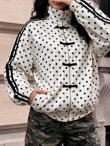 SHEIN BAE CURVE Plus Size Women's Polka Dot Frog Button Front Short Jacket,Women Polka Dot Zip Up Bomber Jacket With Chinese Frog Buttons Fall - Multicolor - View 7