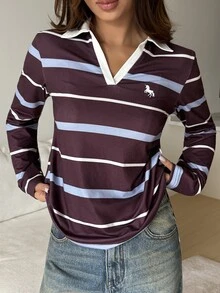 DAZY Women's Burgundy And White Striped Embroidered Pattern Loose Casual Long Sleeve Polo Shirt T-Shirt - Multicolor - View 3