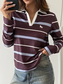 DAZY Women's Burgundy And White Striped Embroidered Pattern Loose Casual Long Sleeve Polo Shirt T-Shirt - Multicolor - View 6