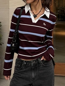 DAZY Women's Burgundy And White Striped Embroidered Pattern Loose Casual Long Sleeve Polo Shirt T-Shirt - Multicolor - View 1