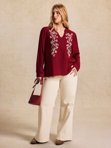 Écloséra Curve Plus Size Women's Vintage Matching Boho Casual Floral Embroidered Shirt Suitable For Daily Shopping Commuting Autumn Family Birthday Burgundy - Red - View 3
