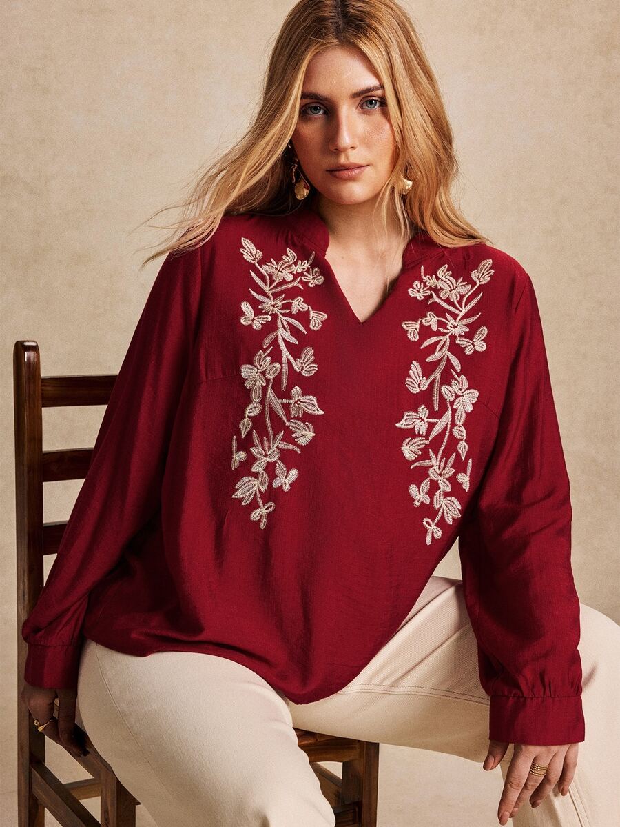 Écloséra Curve Plus Size Women's Vintage Matching Boho Casual Floral Embroidered Shirt Suitable For Daily Shopping Commuting Autumn Family Birthday Burgundy - Red - View 1