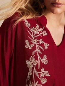 Écloséra Curve Plus Size Women's Vintage Matching Boho Casual Floral Embroidered Shirt Suitable For Daily Shopping Commuting Autumn Family Birthday Burgundy - Red - View 4
