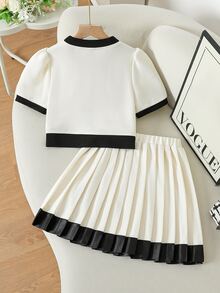 Tween Girl Black And White Summer School Back-To-School V-Neck Bowknot Rhinestone Button Top,High Waist Pleated Mini Skirt Set,Elegant Outfit,Party - Multicolor - View 3