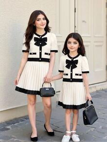 Tween Girl Black And White Summer School Back-To-School V-Neck Bowknot Rhinestone Button Top,High Waist Pleated Mini Skirt Set,Elegant Outfit,Party - Multicolor - View 4