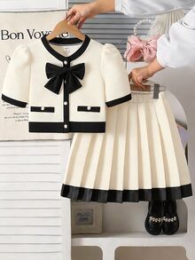 Tween Girl Black And White Summer School Back-To-School V-Neck Bowknot Rhinestone Button Top,High Waist Pleated Mini Skirt Set,Elegant Outfit,Party - Multicolor - View 5