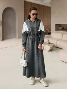 Rue Lumi 秋冬拼接連帽長洋裝，可調節收腰設計，麻花針織紋理，休閒長版運動衫洋裝，女款 - 彩色 - 查看 1