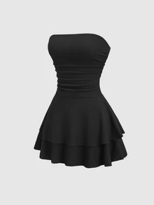 Sweetra Women's New Minimalist Solid Color Strapless Knit Mini Dress, Multi-Layer Cake Dress - Black - View 2