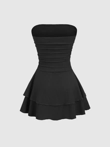 Sweetra Women's New Minimalist Solid Color Strapless Knit Mini Dress, Multi-Layer Cake Dress - Black - View 3
