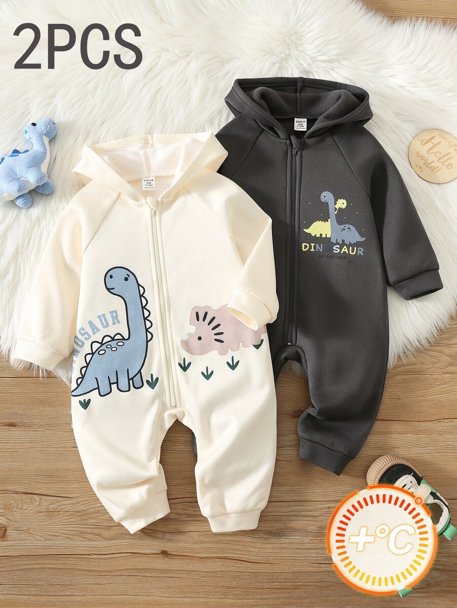 SHEIN 2pcs/Set Baby Boy Newborn Cartoon Dinosaur Pattern Knitted Soft Hooded Long Sleeve Bodysuit & Winter Pants Set Infant Romper - Multicolor - View 1
