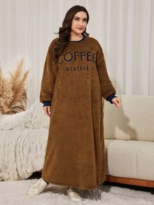 Lacomfia Casual Minimalist Letter Embroidered Crew Neck Drop Shoulder Long Sleeve Loose Regular Fit Plus Size Sweatshirt, Autumn/Winter - Brown - View 5