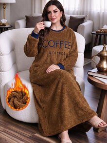 Lacomfia Casual Minimalist Letter Embroidered Crew Neck Drop Shoulder Long Sleeve Loose Regular Fit Plus Size Sweatshirt, Autumn/Winter - Brown - View 1