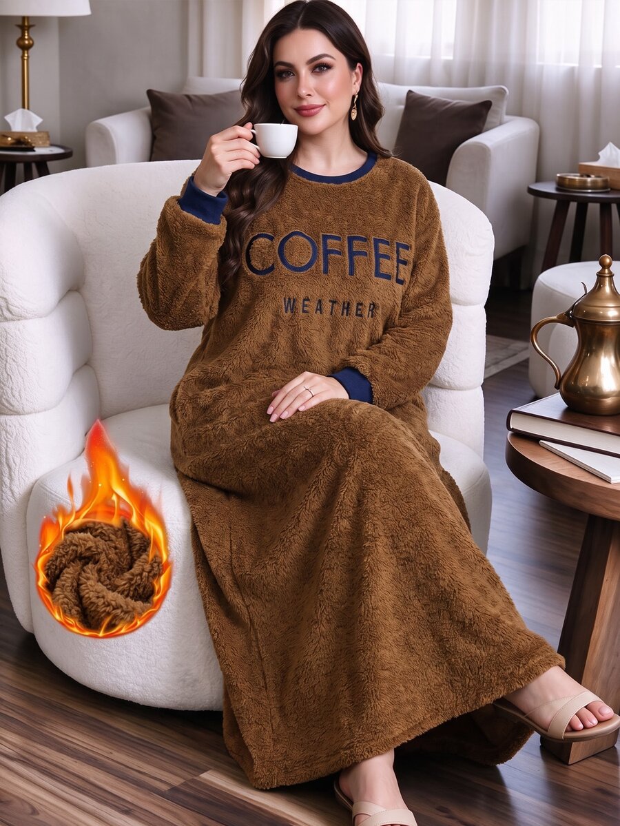 Lacomfia Casual Minimalist Letter Embroidered Crew Neck Drop Shoulder Long Sleeve Loose Regular Fit Plus Size Sweatshirt, Autumn/Winter - Brown - View 1