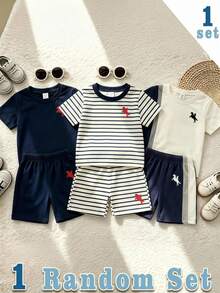 SHEIN 1 Random Set, Striped, Royal Blue Colorblock, Royal Blue Infant Casual Fashion Classic Knight Print Crew Neck Short Sleeve T-Shirt Set - Multicolor - View 1