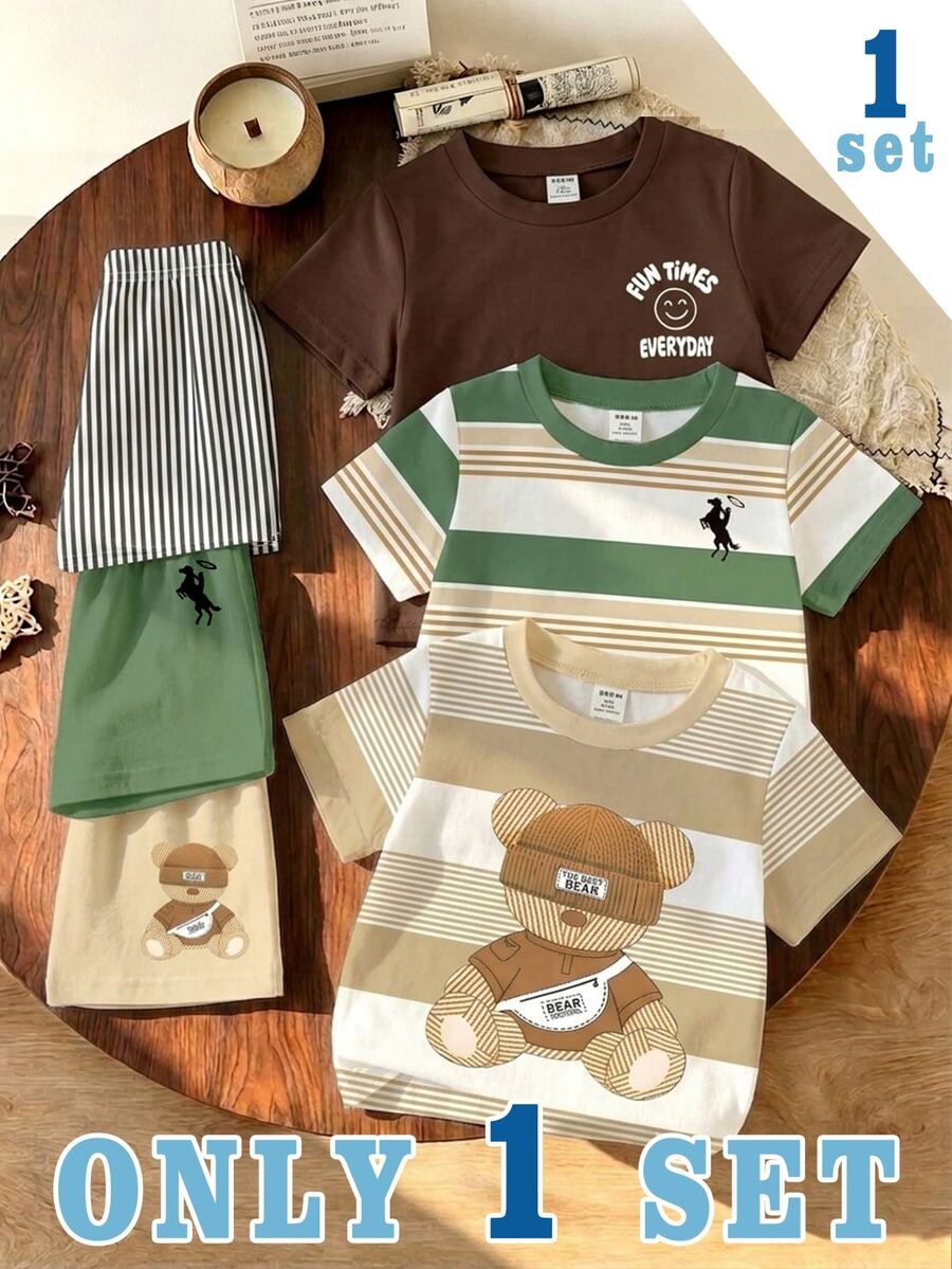 SHEIN Only 1 Set, Boys Casual Fashion Colorblock Striped Classic Logo Knight Print Crew Neck Short Sleeve T-Shirt And Matching Green Shorts Set, Summer,